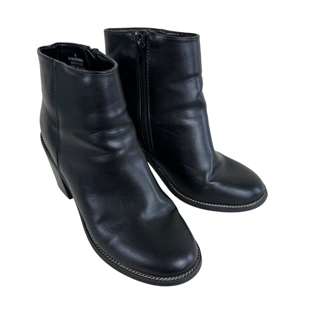 Asos‎ Design Black Chunky Block Heeled Ankle Booties Metal Chain Trim Size 5